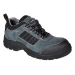 A black safety trainer with a composite toecap, a cushioned insole, and a lightweight anti-slip sole, suitable for lighter-duty site work.