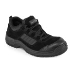 A black safety trainer with a composite toecap, a cushioned insole, and a lightweight anti-slip sole, suitable for lighter-duty site work.
