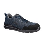 A navy blue safety trainer with a composite toecap, a cushioned insole, and a lightweight anti-slip sole, suitable for lighter-duty site work.