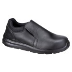 A black safety trainer with a composite toecap, a cushioned insole, and a lightweight anti-slip sole, suitable for lighter-duty site work.