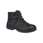 A black composite safety boot with an anti-slip sole and padded collar, designed for comfort and protection during extended site work.