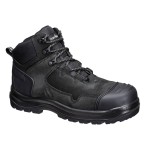 A black leather safety boot with a composite toecap and anti-slip sole, providing lightweight safety protection for site and industrial use.