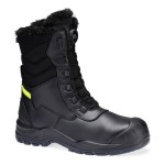 A black leather safety boot with an anti-slip sole and padded collar, designed for comfort and protection during extended site work.