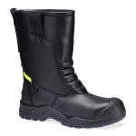 A black leather safety boot with an anti-slip sole and padded collar, designed for comfort and protection during extended site work.