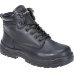 A black composite safety boot with an anti-slip sole and padded collar, designed for comfort and protection during extended site work.