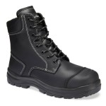 A black leather safety boot with an anti-slip sole and padded collar, designed for comfort and protection during extended site work.