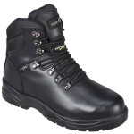 A black composite safety boot with an anti-slip sole and padded collar, designed for comfort and protection during extended site work.