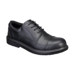 A black safety trainer with a composite toecap, a cushioned insole, and a lightweight anti-slip sole, suitable for lighter-duty site work.