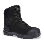 A black leather safety boot with a composite toecap and anti-slip sole, providing lightweight safety protection for site and industrial use.