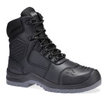 A black leather safety boot with a composite toecap and anti-slip sole, providing lightweight safety protection for site and industrial use.