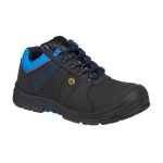A black safety trainer with a composite toecap, a cushioned insole, and a lightweight anti-slip sole, suitable for lighter-duty site work.