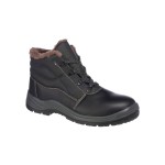 A black leather safety boot with an anti-slip sole and padded collar, designed for comfort and protection during extended site work.