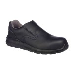 A black safety trainer with a composite toecap, a cushioned insole, and a lightweight anti-slip sole, suitable for lighter-duty site work.