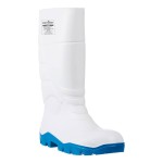 A white workwear garment designed for use on construction sites and in industrial work environments.,