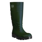A green workwear garment designed for use on construction sites and in industrial work environments.,
