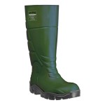 A green workwear garment designed for use on construction sites and in industrial work environments.,
