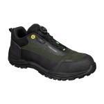 A black safety trainer with a composite toecap, a cushioned insole, and a lightweight anti-slip sole, suitable for lighter-duty site work.