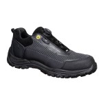 A black safety trainer with a composite toecap, a cushioned insole, and a lightweight anti-slip sole, suitable for lighter-duty site work.
