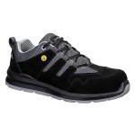A black safety trainer with a composite toecap, a cushioned insole, and a lightweight anti-slip sole, suitable for lighter-duty site work.
