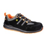 A black safety trainer with a composite toecap, a cushioned insole, and a lightweight anti-slip sole, suitable for lighter-duty site work.