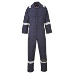 A navy blue coverall featuring flame-resistant fabric, suitable for a wide range of outdoor and site work applications.