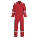 A red coverall featuring flame-resistant fabric, suitable for a wide range of outdoor and site work applications.