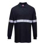 A navy blue polo shirt featuring flame-resistant fabric, suitable for a wide range of outdoor and site work applications.