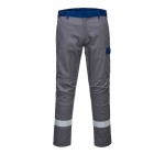 A pair of grey work trousers featuring flame-resistant fabric, suitable for a wide range of outdoor and site work applications.