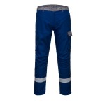 A pair of blue work trousers featuring flame-resistant fabric, suitable for a wide range of outdoor and site work applications.