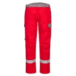 A pair of red work trousers featuring flame-resistant fabric, suitable for a wide range of outdoor and site work applications.