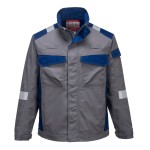 A grey jacket featuring flame-resistant fabric, suitable for a wide range of outdoor and site work applications.