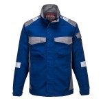 A blue jacket featuring flame-resistant fabric, suitable for a wide range of outdoor and site work applications.
