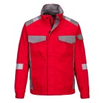 A red jacket featuring flame-resistant fabric, suitable for a wide range of outdoor and site work applications.