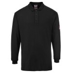 A black polo shirt featuring flame-resistant fabric, suitable for a wide range of outdoor and site work applications.