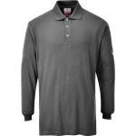 A grey polo shirt featuring flame-resistant fabric, suitable for a wide range of outdoor and site work applications.