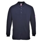 A navy blue polo shirt featuring flame-resistant fabric, suitable for a wide range of outdoor and site work applications.