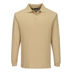 A tan polo shirt featuring flame-resistant fabric, suitable for a wide range of outdoor and site work applications.