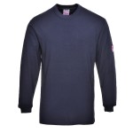 A navy blue work shirt featuring flame-resistant fabric, suitable for a wide range of outdoor and site work applications.