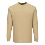 A tan work shirt featuring flame-resistant fabric, suitable for a wide range of outdoor and site work applications.