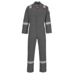 A grey coverall featuring flame-resistant fabric, suitable for a wide range of outdoor and site work applications.