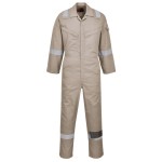 A khaki coverall featuring flame-resistant fabric, suitable for a wide range of outdoor and site work applications.