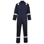 A navy blue coverall featuring flame-resistant fabric, suitable for a wide range of outdoor and site work applications.