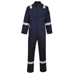 A navy blue coverall featuring flame-resistant fabric, suitable for a wide range of outdoor and site work applications.
