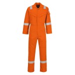 A orange coverall featuring flame-resistant fabric, suitable for a wide range of outdoor and site work applications.