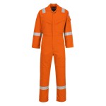 A orange coverall featuring flame-resistant fabric, suitable for a wide range of outdoor and site work applications.