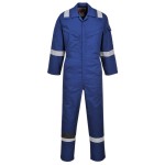 A blue coverall featuring flame-resistant fabric, suitable for a wide range of outdoor and site work applications.
