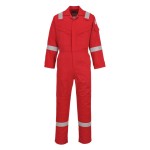 A red coverall featuring flame-resistant fabric, suitable for a wide range of outdoor and site work applications.
