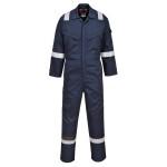 A navy blue coverall featuring flame-resistant fabric, suitable for a wide range of outdoor and site work applications.