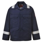 A navy blue jacket featuring flame-resistant fabric, suitable for a wide range of outdoor and site work applications.