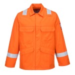 A orange jacket featuring flame-resistant fabric, suitable for a wide range of outdoor and site work applications.